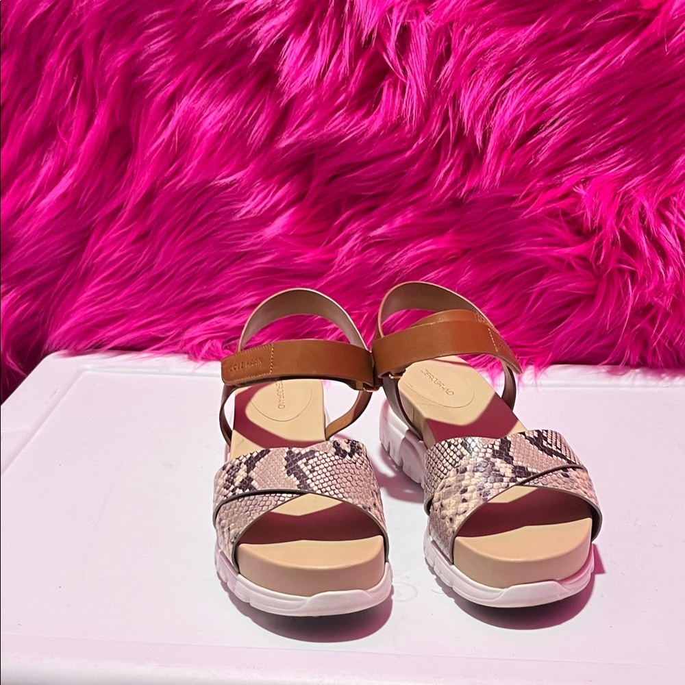 Ladies Snake-Print COLE HAAN Sandals with Brown Straps
